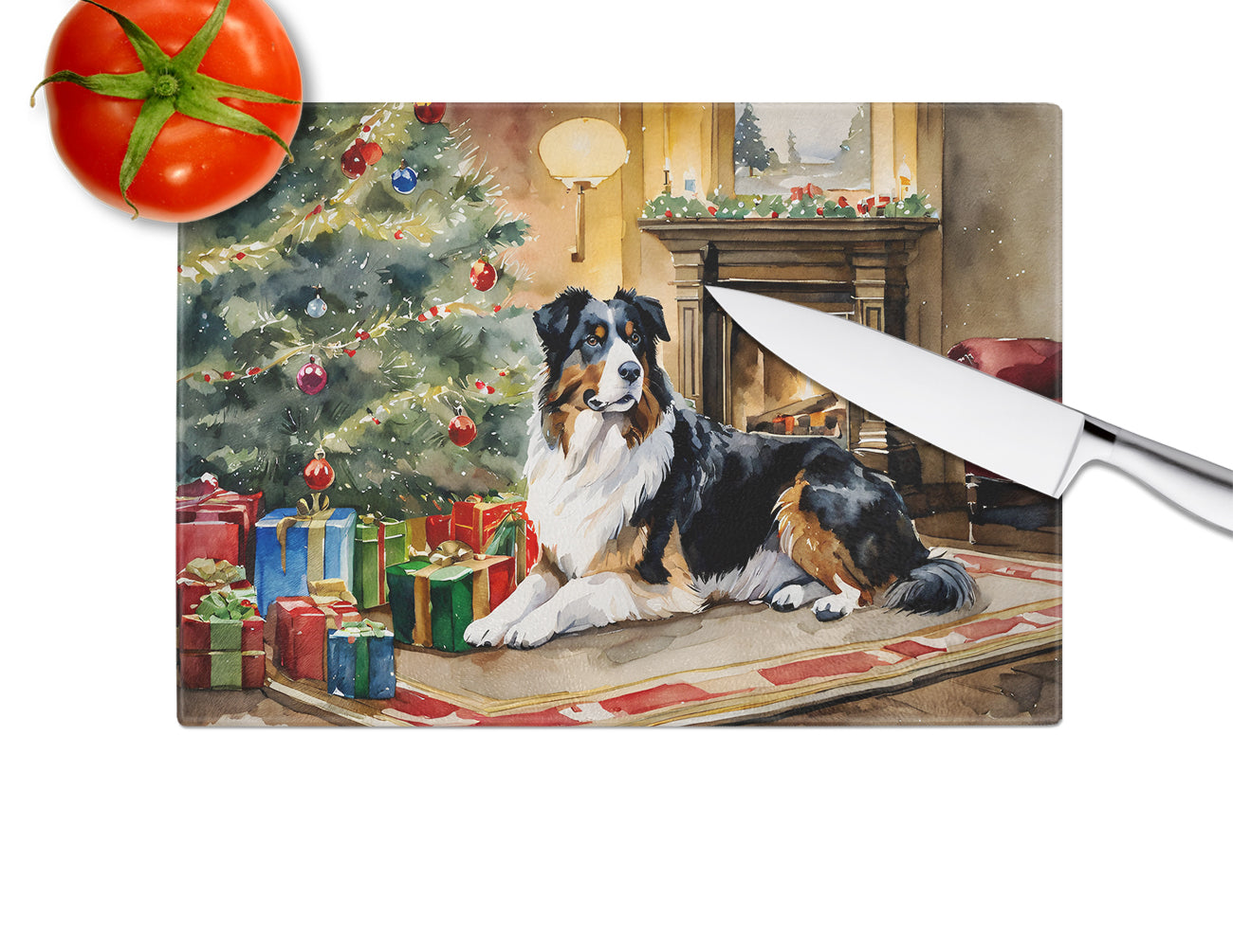 Australian Shepherd Cozy Christmas Glass Cutting Board