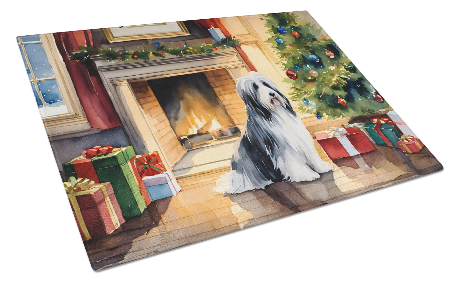 Buy this Bearded Collie Cozy Christmas Glass Cutting Board