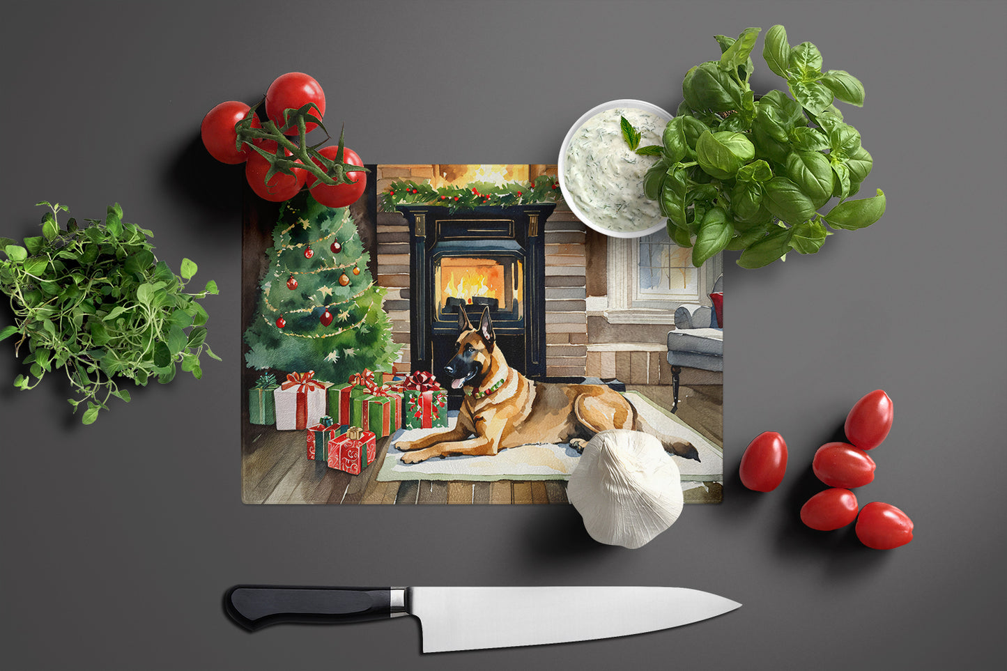 Belgian Malinois Cozy Christmas Glass Cutting Board