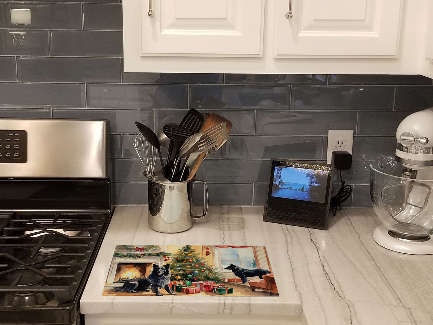 Belgian Sheepdog Cozy Christmas Glass Cutting Board