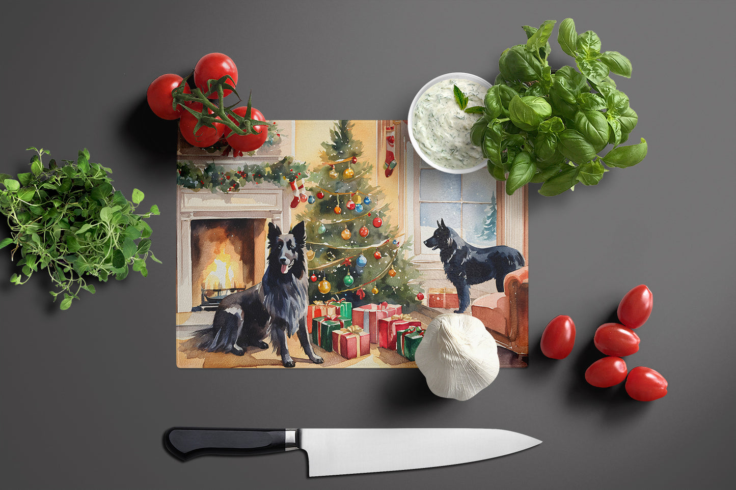 Belgian Sheepdog Cozy Christmas Glass Cutting Board
