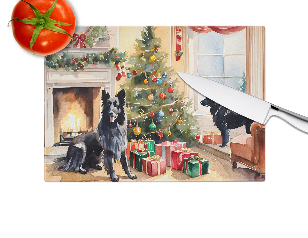 Belgian Sheepdog Cozy Christmas Glass Cutting Board