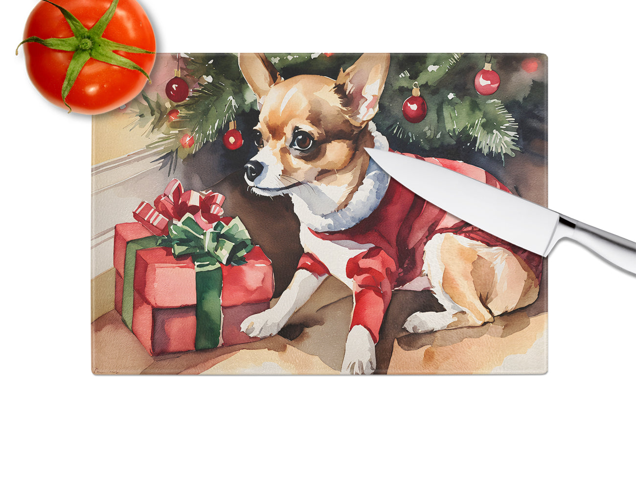 Chihuahua Cozy Christmas Glass Cutting Board