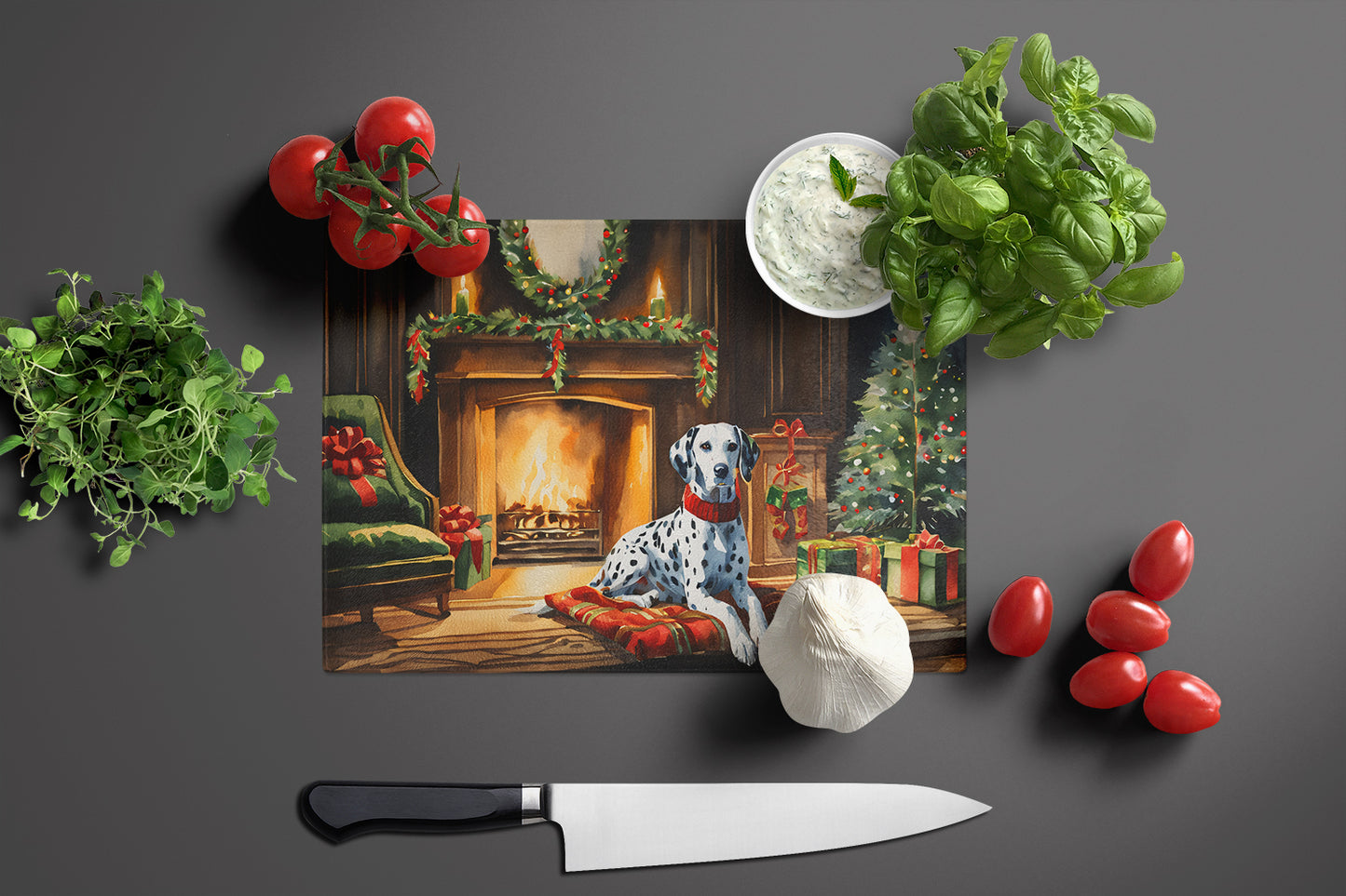 Dalmatian Cozy Christmas Glass Cutting Board