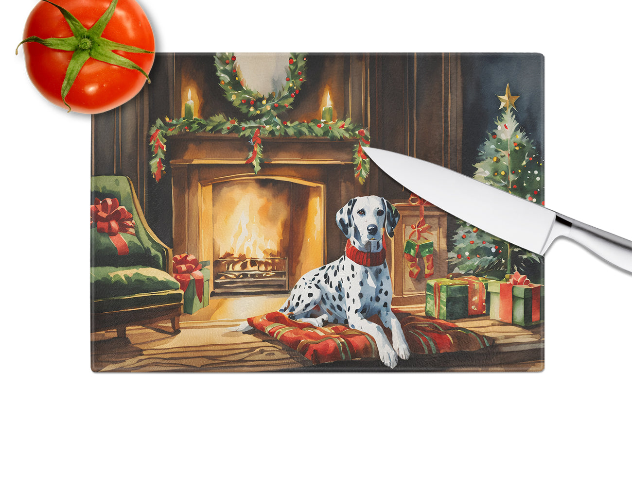 Dalmatian Cozy Christmas Glass Cutting Board