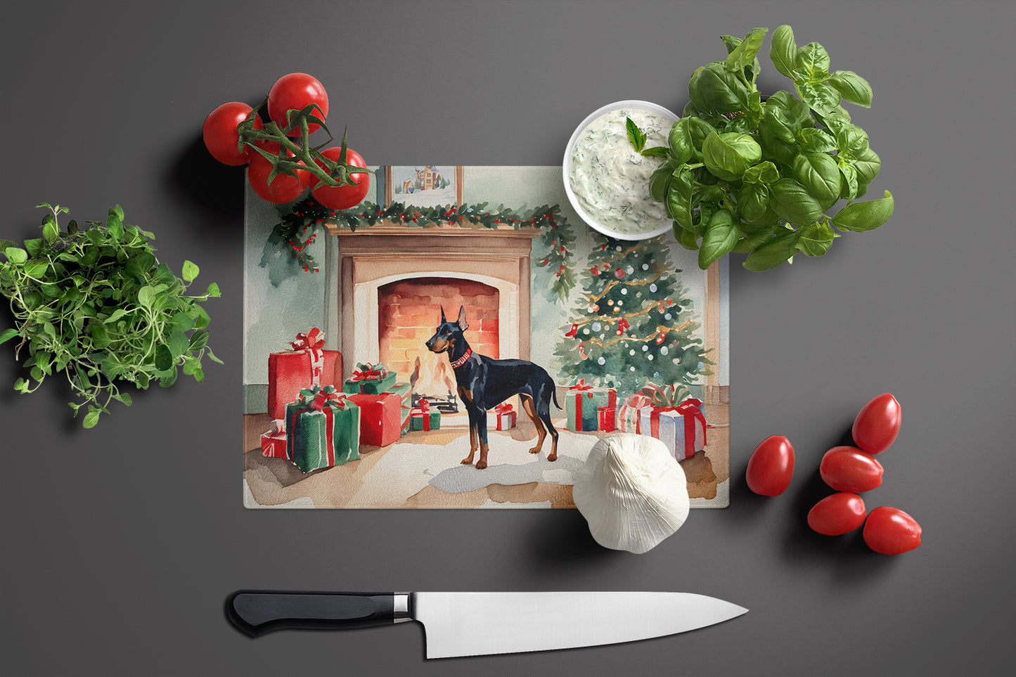 Doberman Pinscher Cozy Christmas Glass Cutting Board