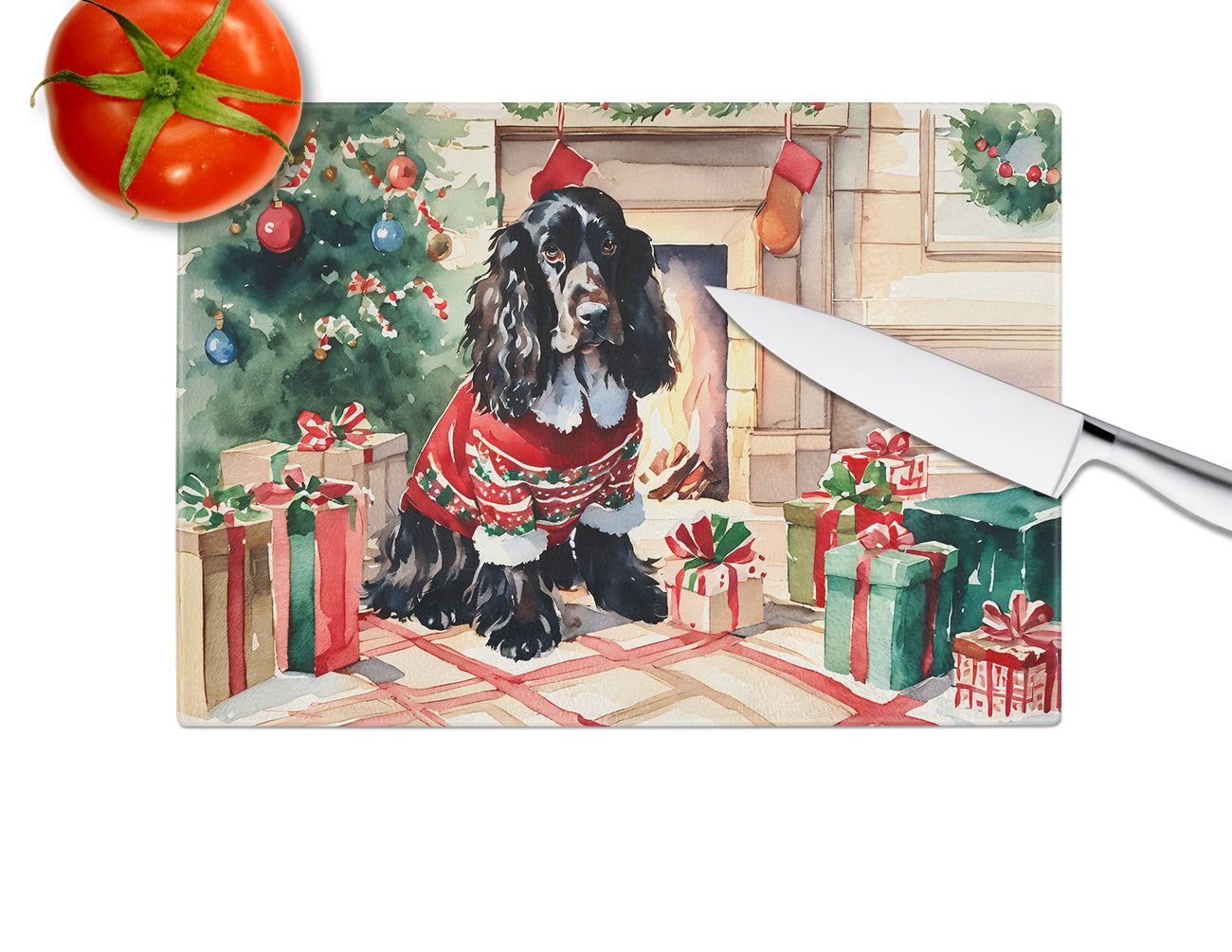 English Cocker Spaniel Cozy Christmas Glass Cutting Board