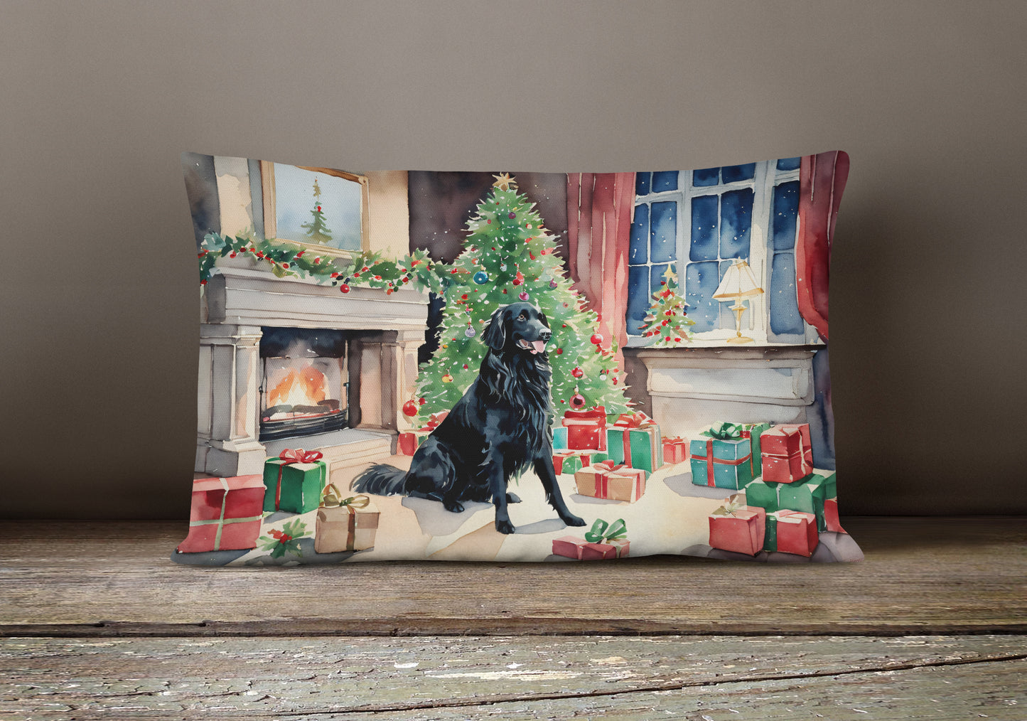 Flat-Coated Retriever Cozy Christmas Throw Pillow