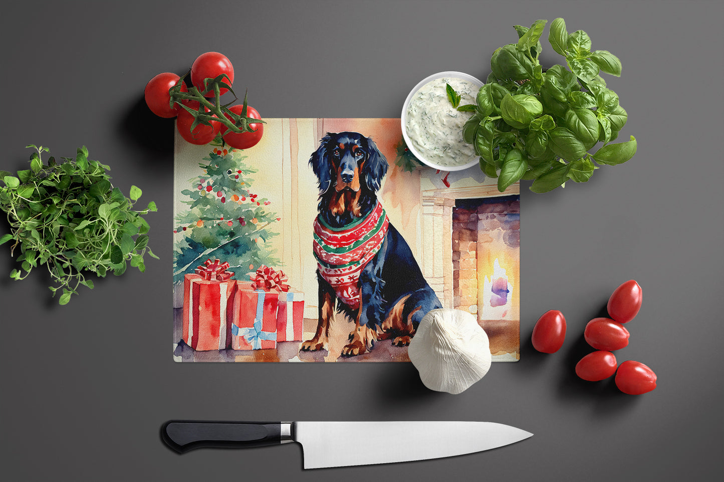 Gordon Setter Cozy Christmas Glass Cutting Board