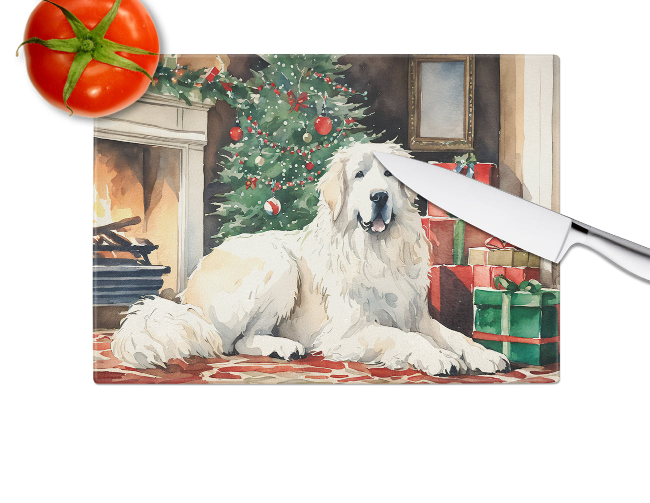 Great Pyrenees Cozy Christmas Glass Cutting Board