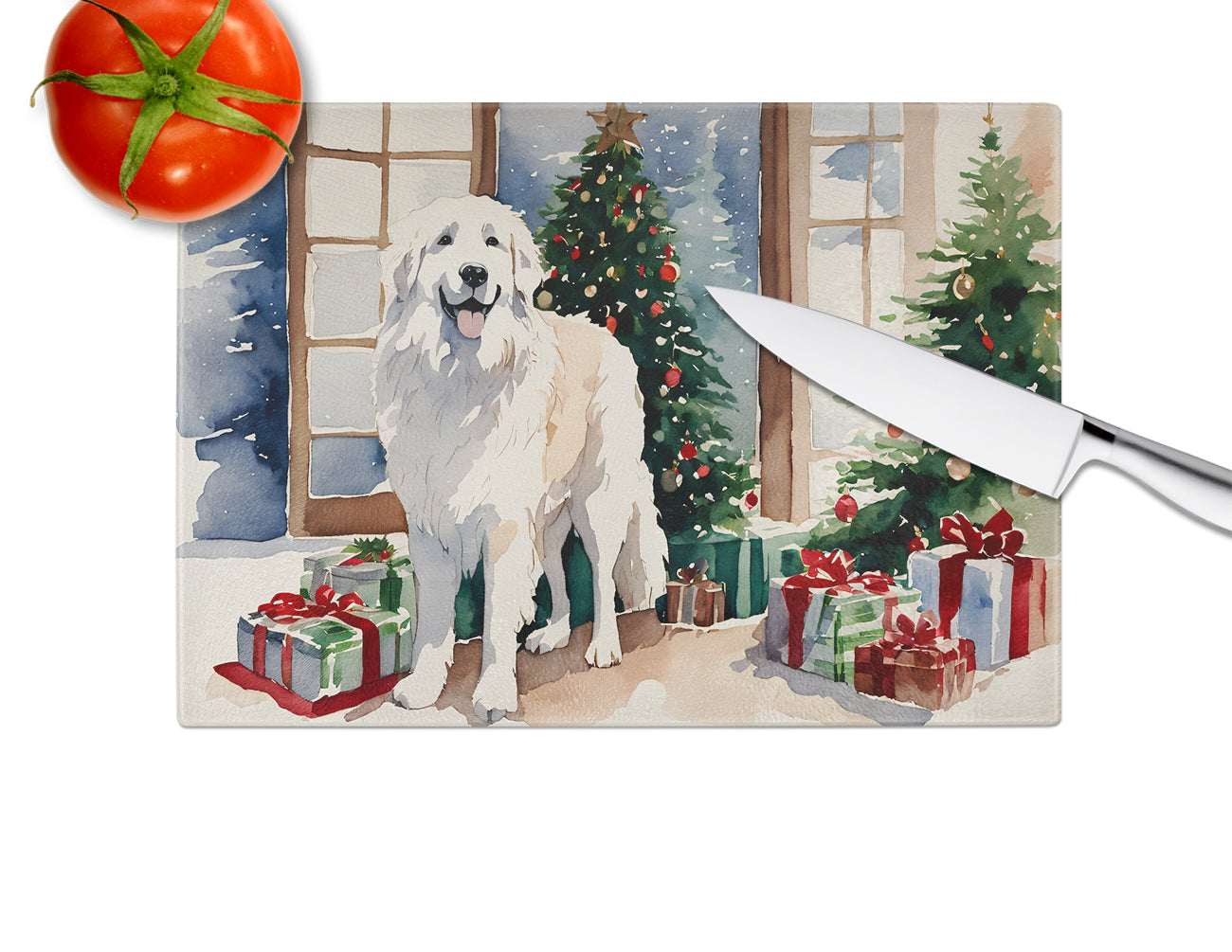 Great Pyrenees Cozy Christmas Glass Cutting Board