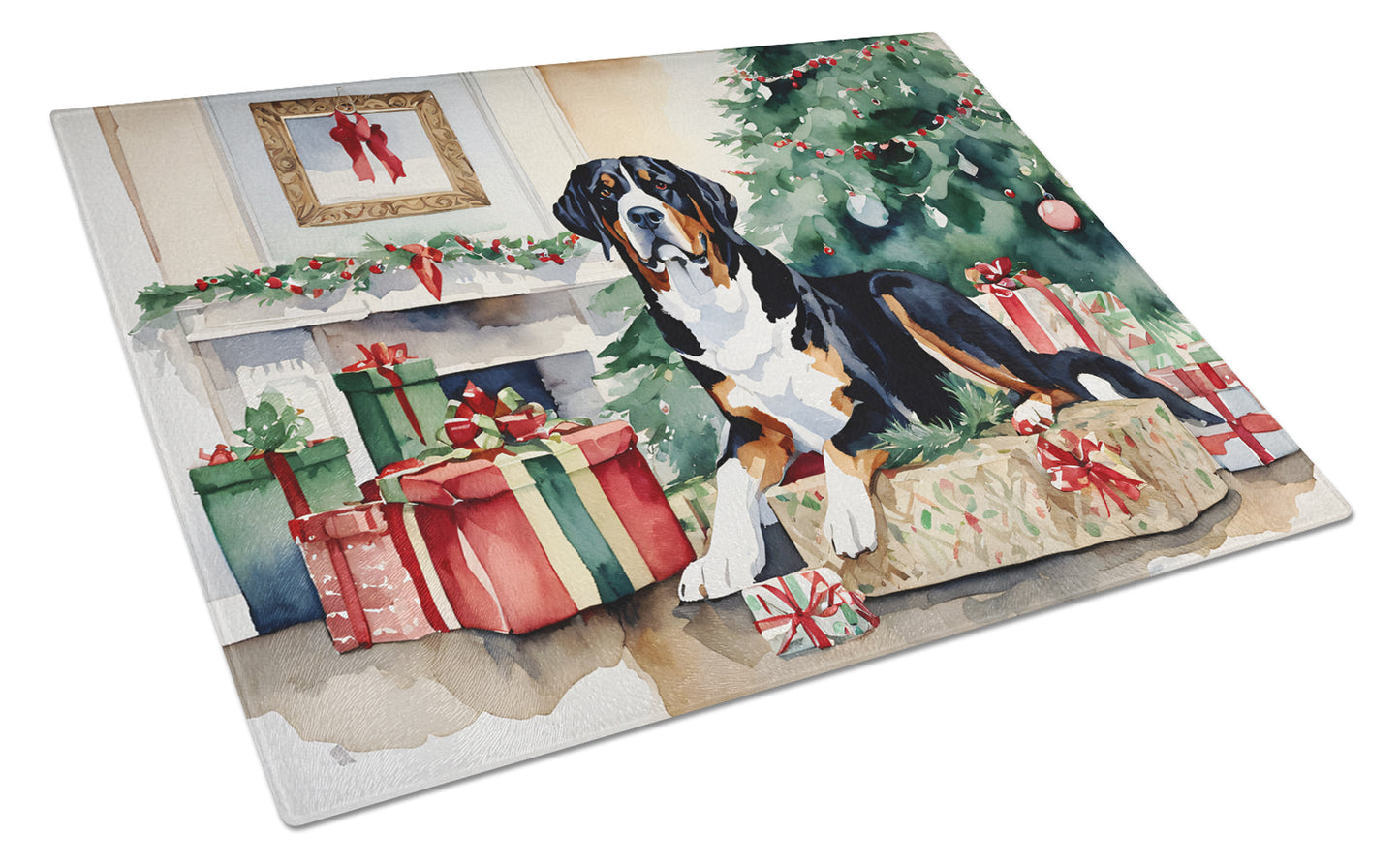 Buy this Greater Swiss Mountain Dog Cozy Christmas Glass Cutting Board