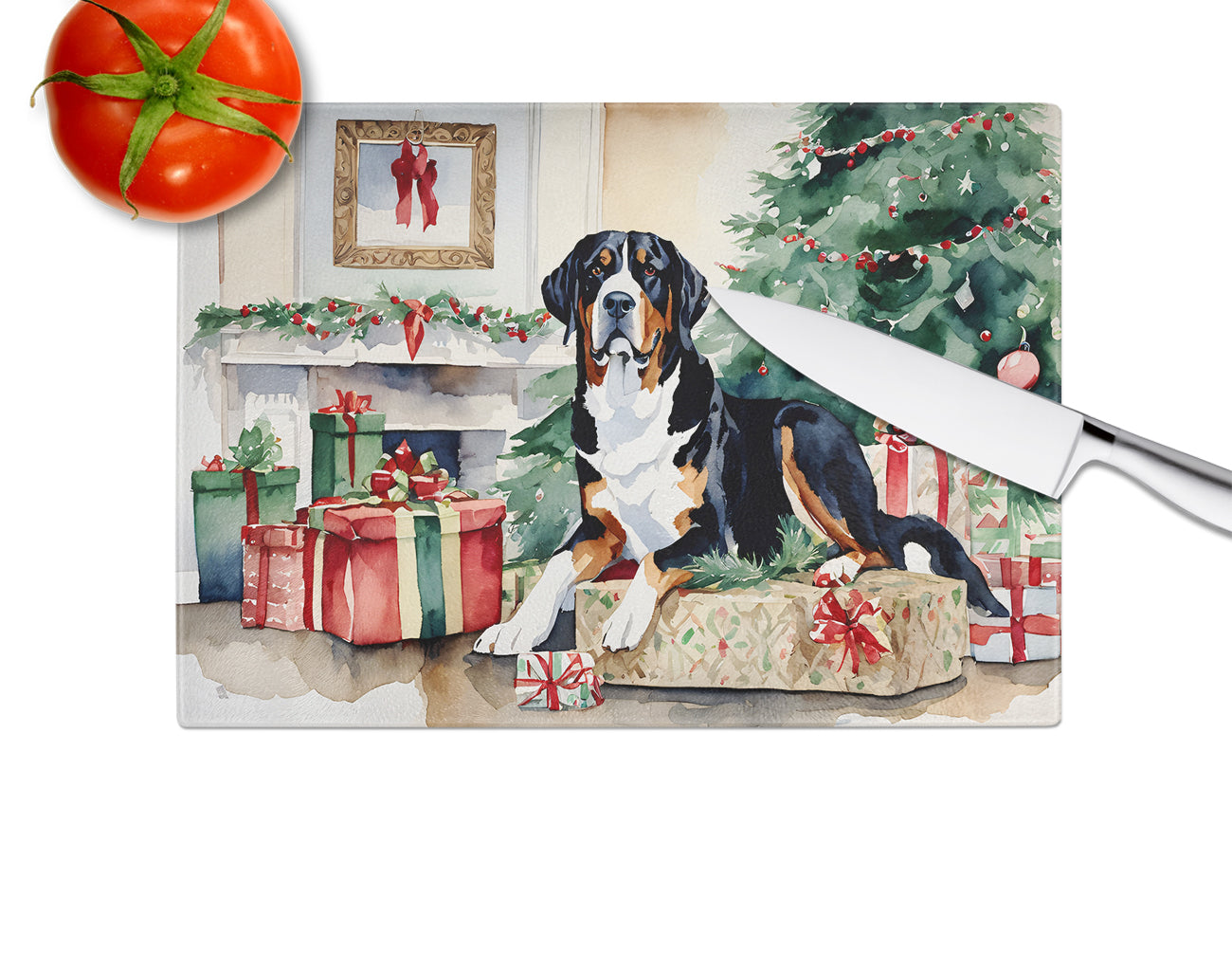 Greater Swiss Mountain Dog Cozy Christmas Glass Cutting Board