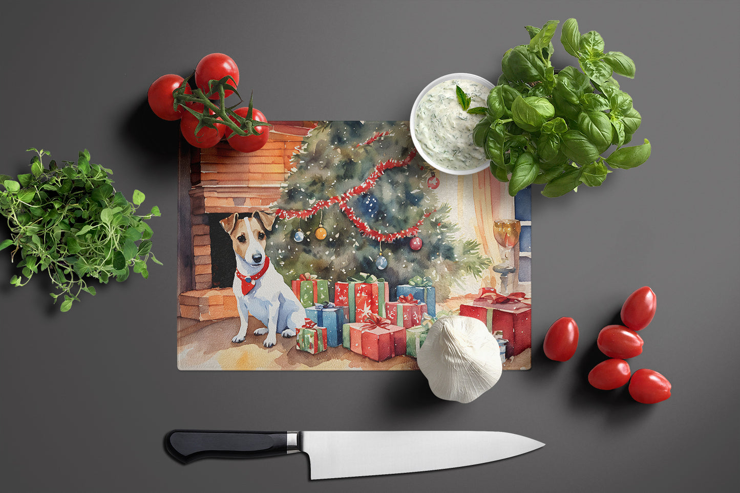 Jack Russell Terrier Cozy Christmas Glass Cutting Board
