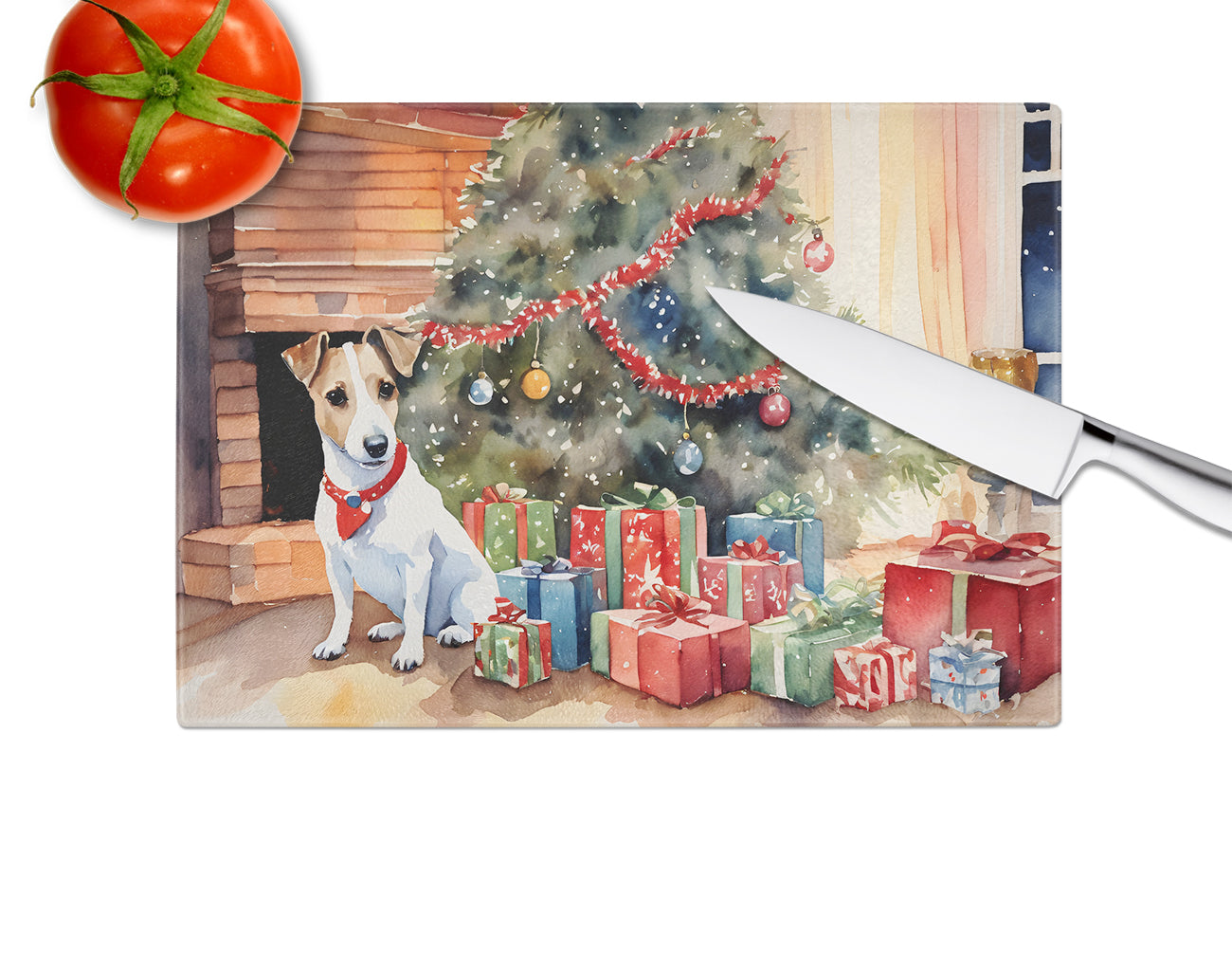 Jack Russell Terrier Cozy Christmas Glass Cutting Board