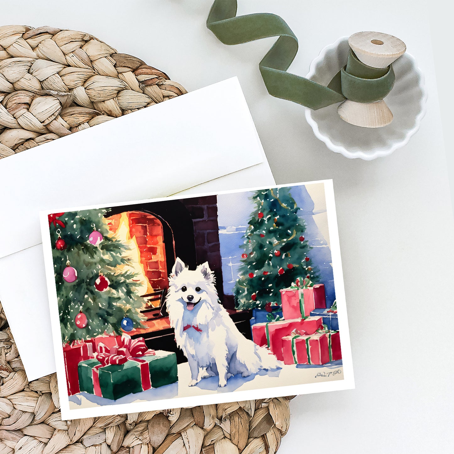 Japanese Spitz Cozy Christmas Greeting Cards Pack of 8