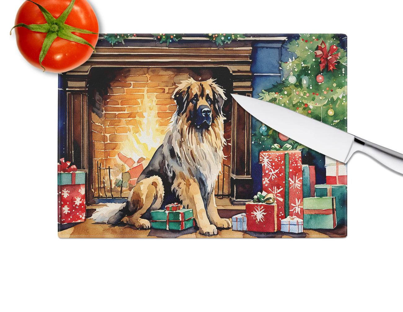 Leonberger Cozy Christmas Glass Cutting Board