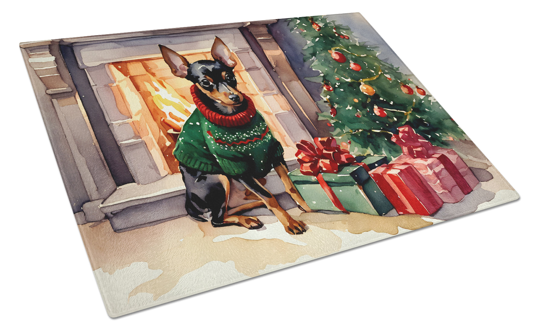 Buy this Miniature Pinscher Cozy Christmas Glass Cutting Board