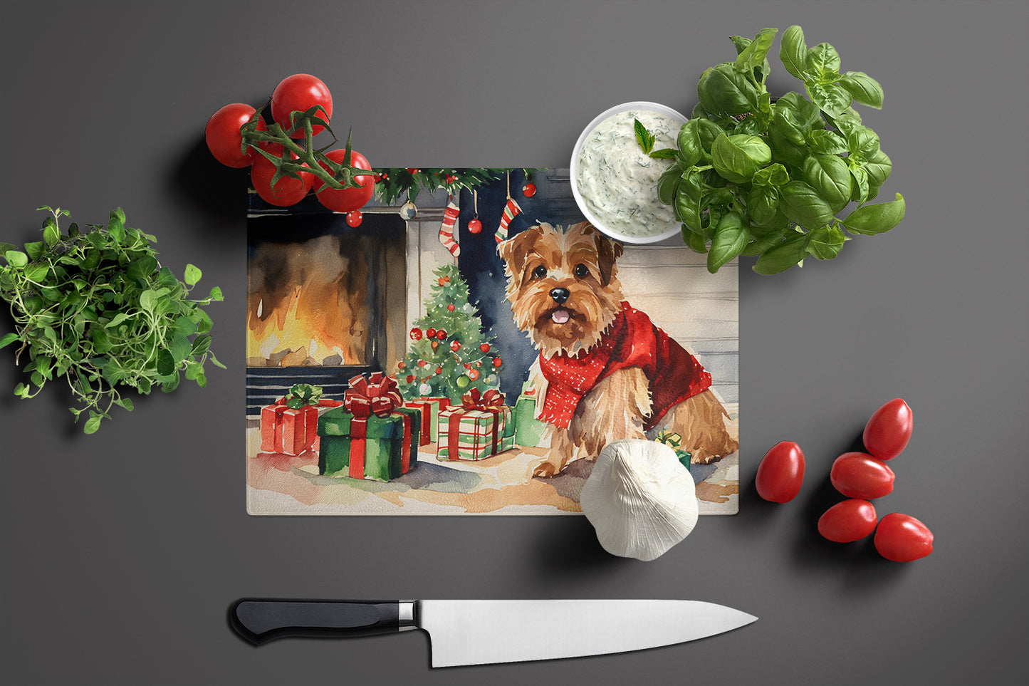 Norfolk Terrier Cozy Christmas Glass Cutting Board