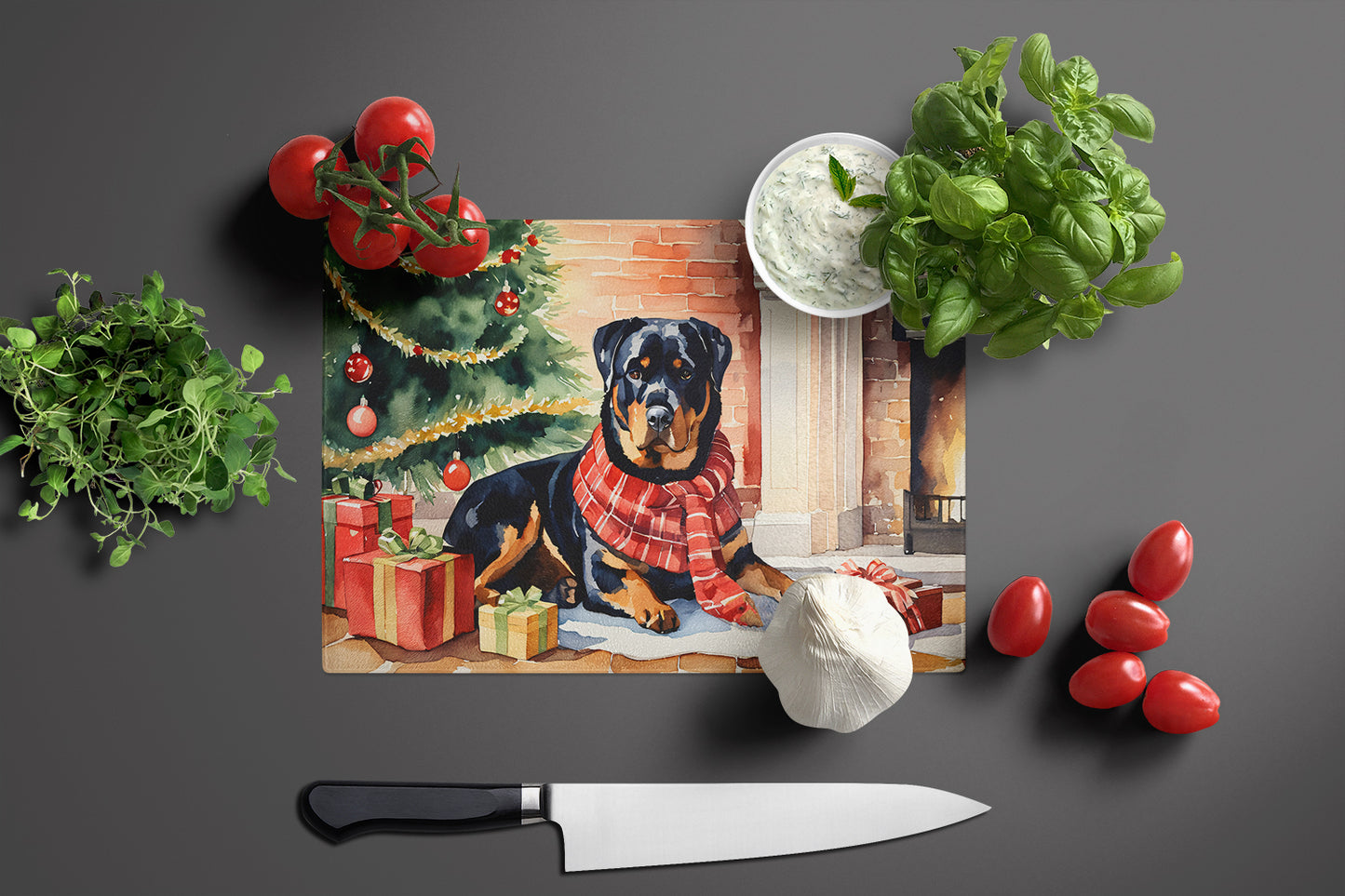 Rottweiler Cozy Christmas Glass Cutting Board