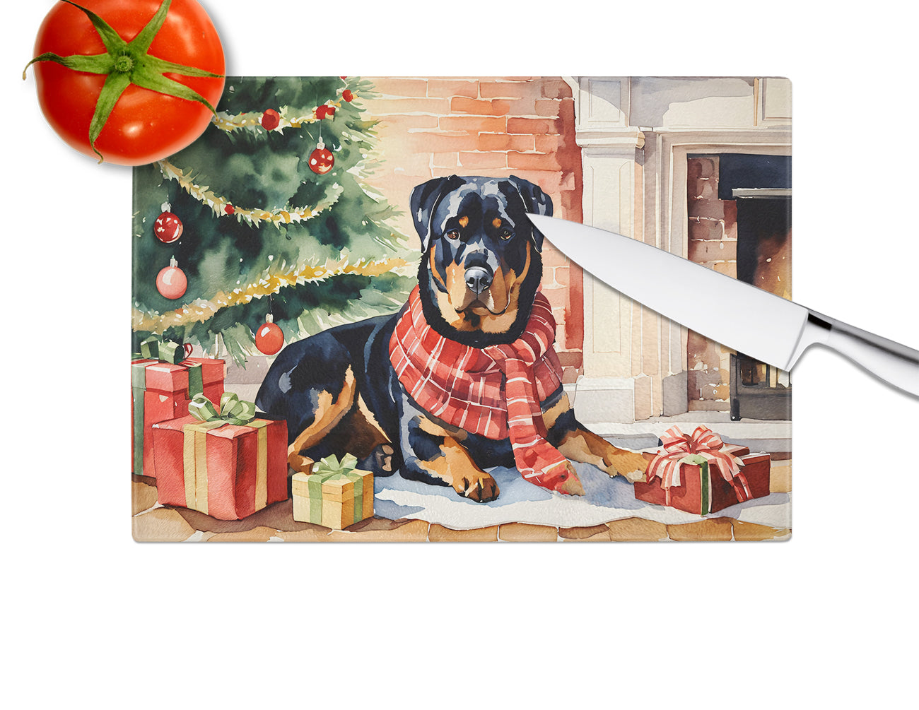 Rottweiler Cozy Christmas Glass Cutting Board