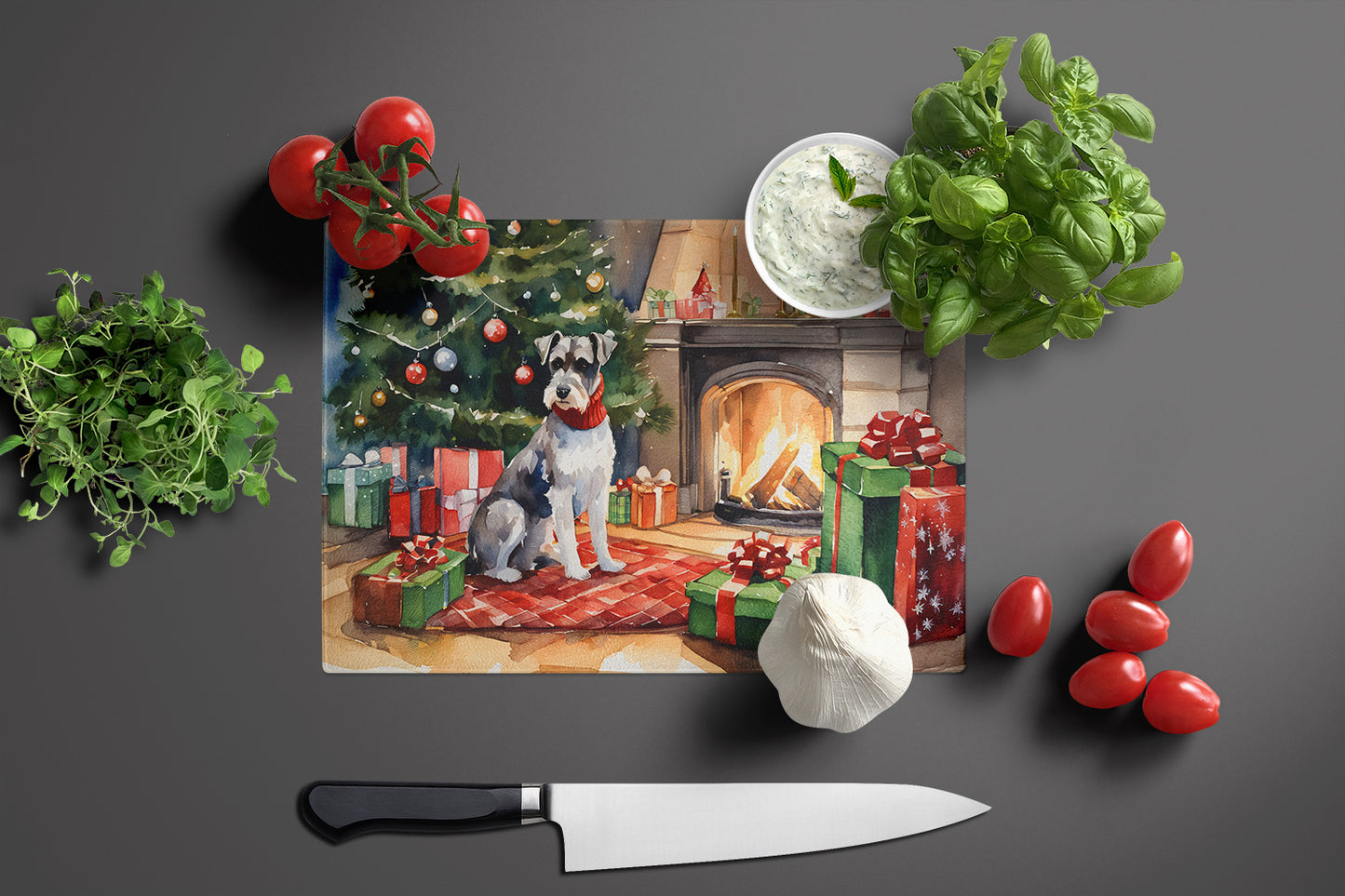 Schnauzer Cozy Christmas Glass Cutting Board