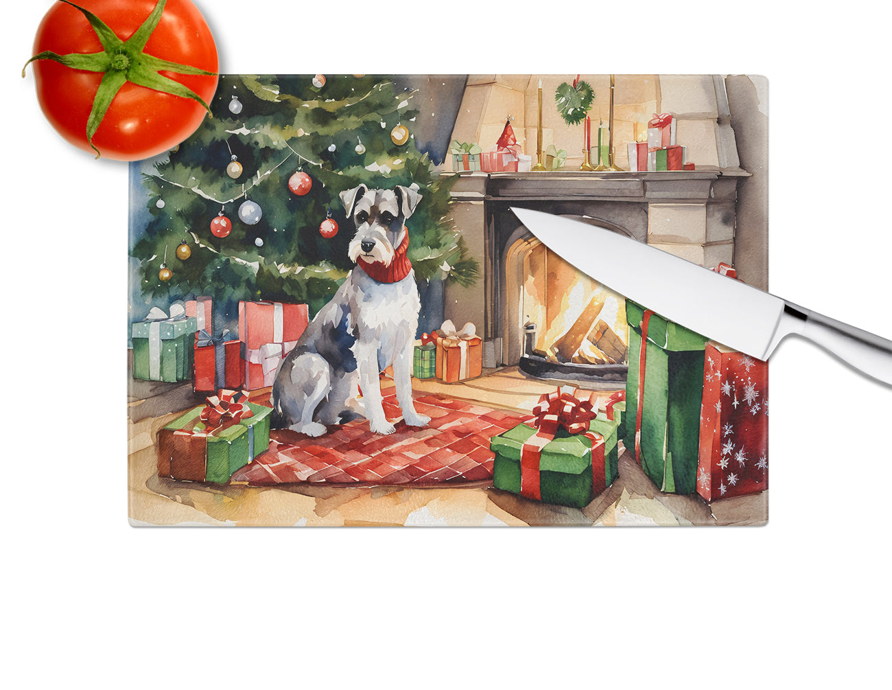 Schnauzer Cozy Christmas Glass Cutting Board