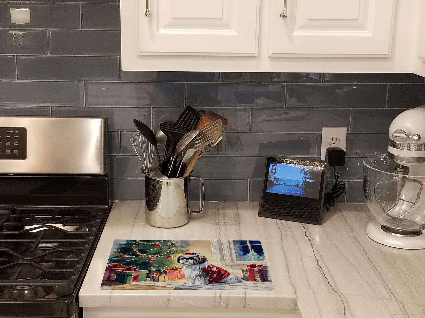 Shih Tzu Cozy Christmas Glass Cutting Board