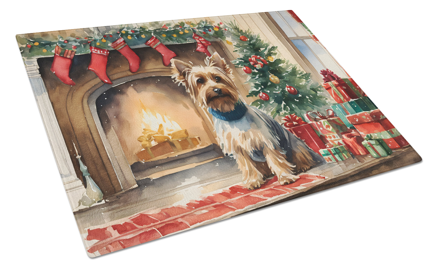 Buy this Silky Terrier Cozy Christmas Glass Cutting Board