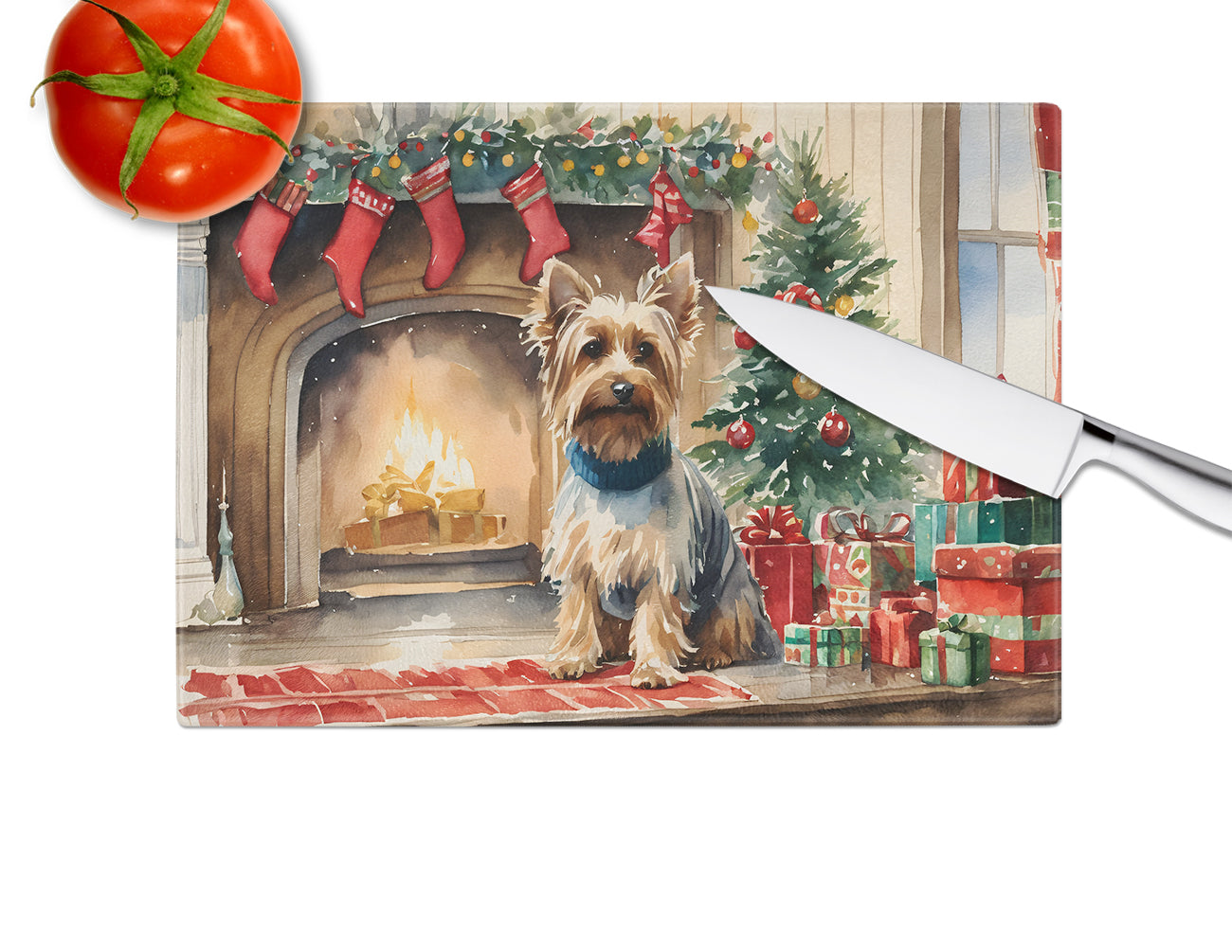 Silky Terrier Cozy Christmas Glass Cutting Board