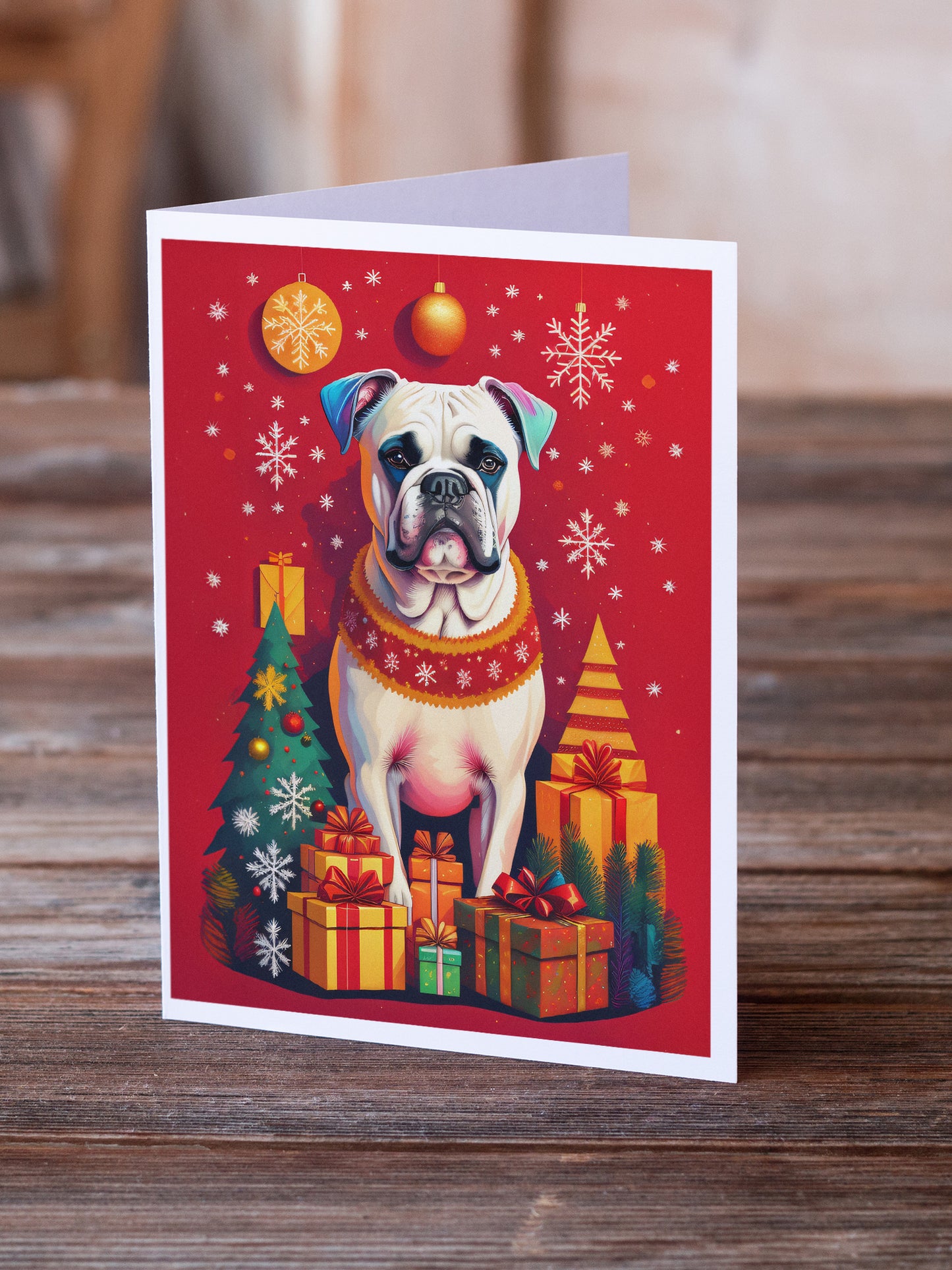 White Boxer Holiday Christmas Greeting Cards Pack of 8