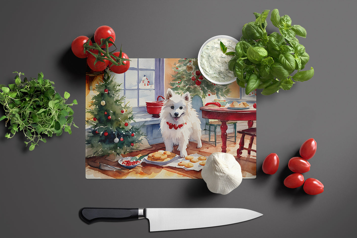 American Eskimo Christmas Cookies Glass Cutting Board