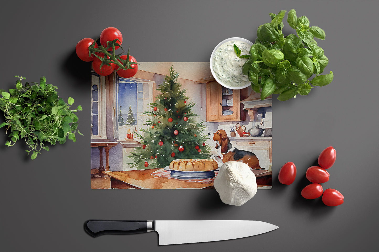 Basset Hound Christmas Cookies Glass Cutting Board