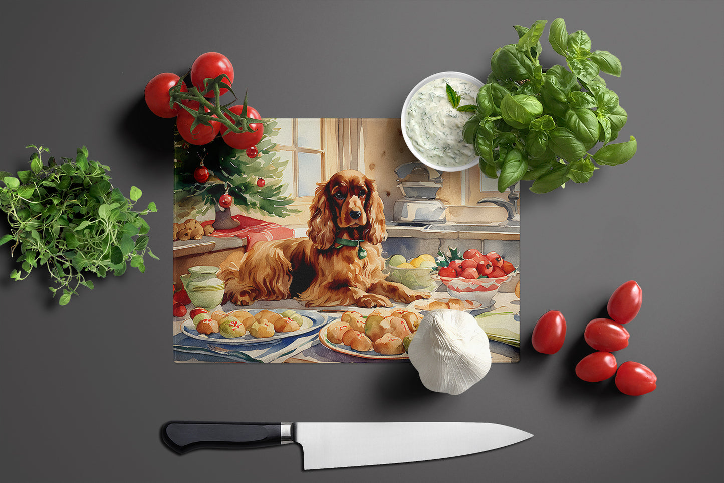 Cocker Spaniel Christmas Cookies Glass Cutting Board