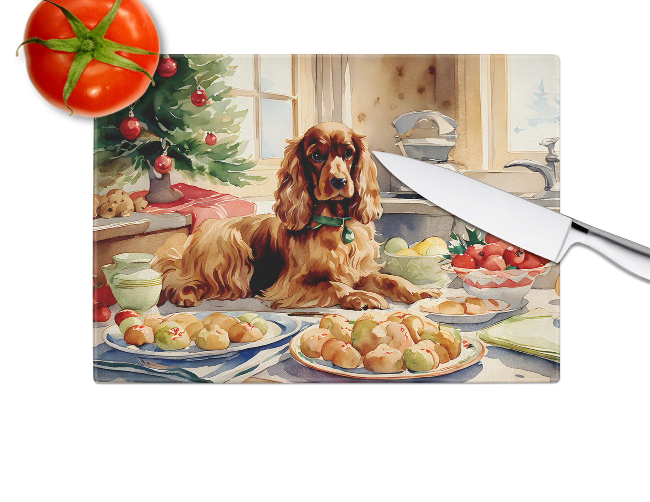 Cocker Spaniel Christmas Cookies Glass Cutting Board