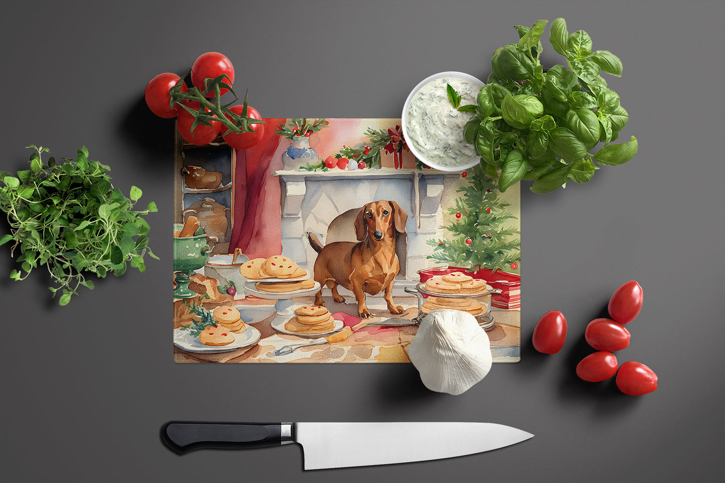 Dachshund Christmas Cookies Glass Cutting Board