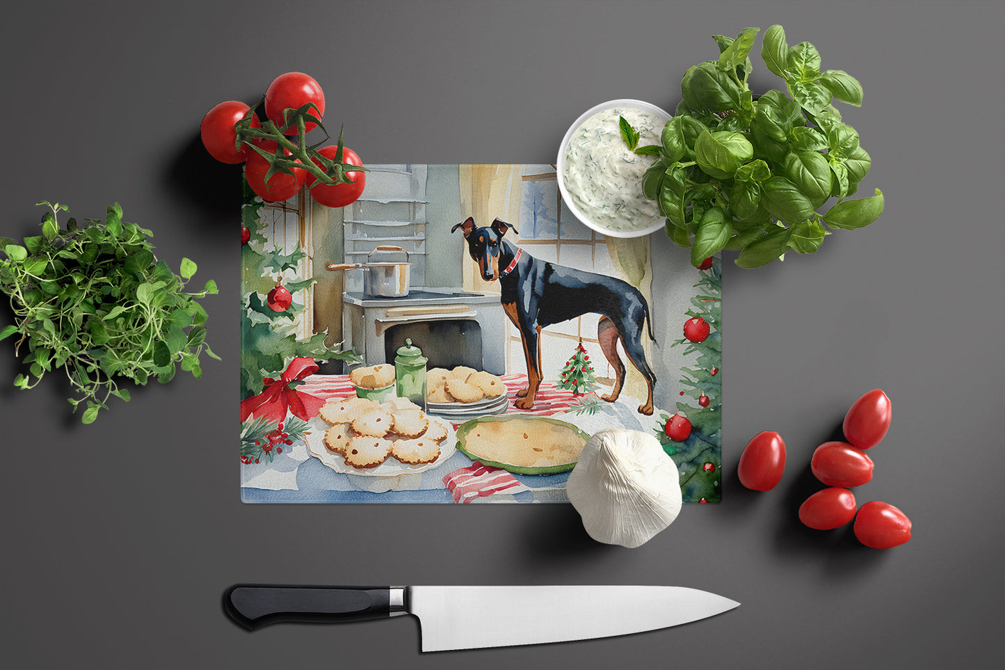 Doberman Pinscher Christmas Cookies Glass Cutting Board