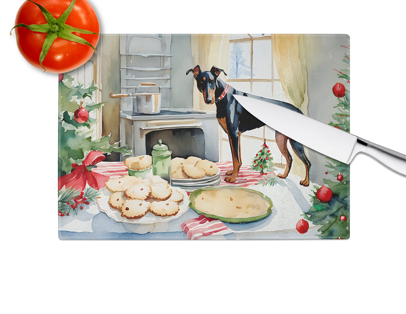 Doberman Pinscher Christmas Cookies Glass Cutting Board