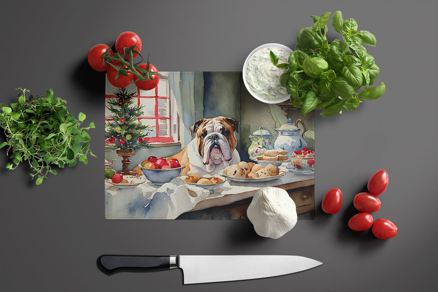 English Bulldog Christmas Cookies Glass Cutting Board