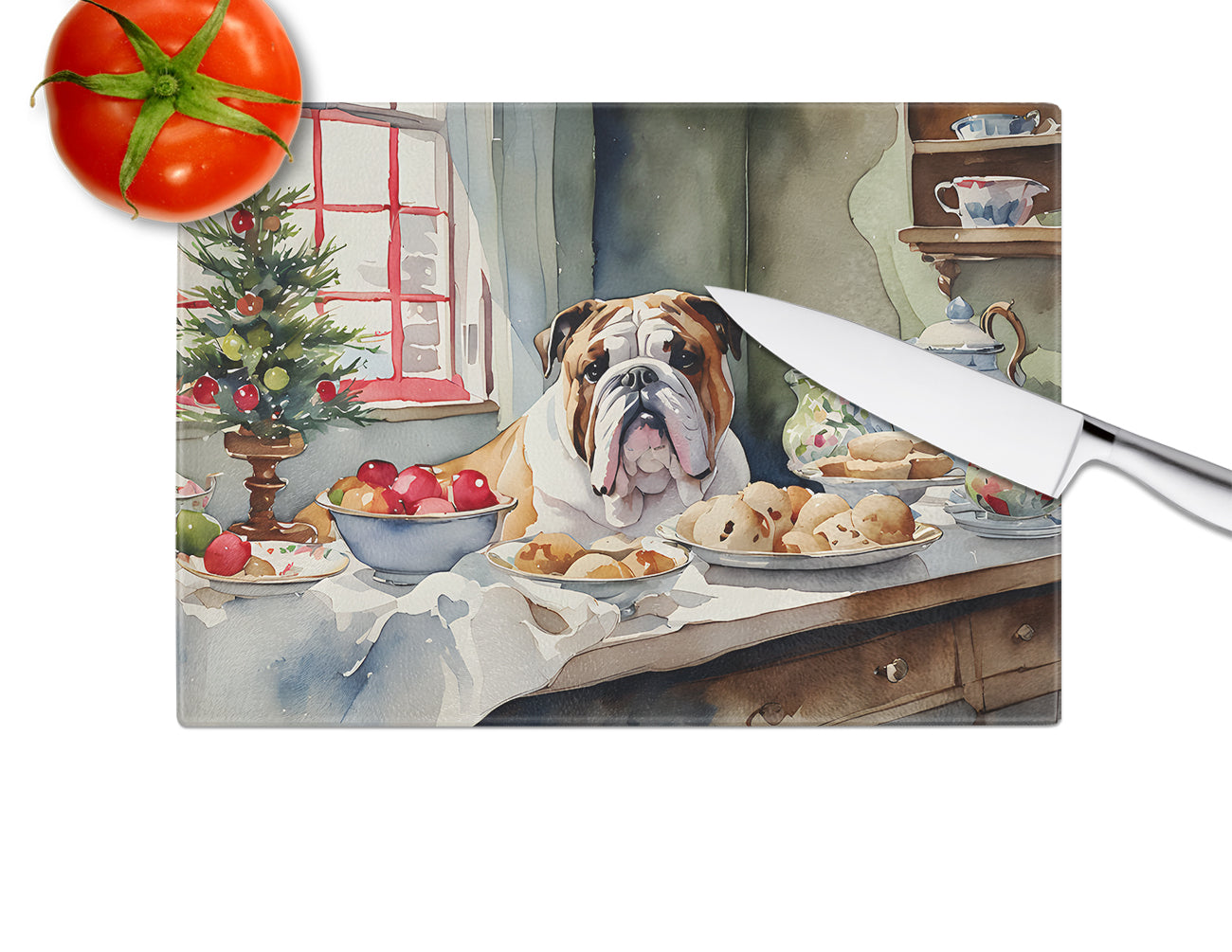 English Bulldog Christmas Cookies Glass Cutting Board