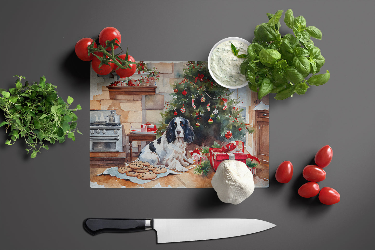 English Springer Spaniel Christmas Cookies Glass Cutting Board