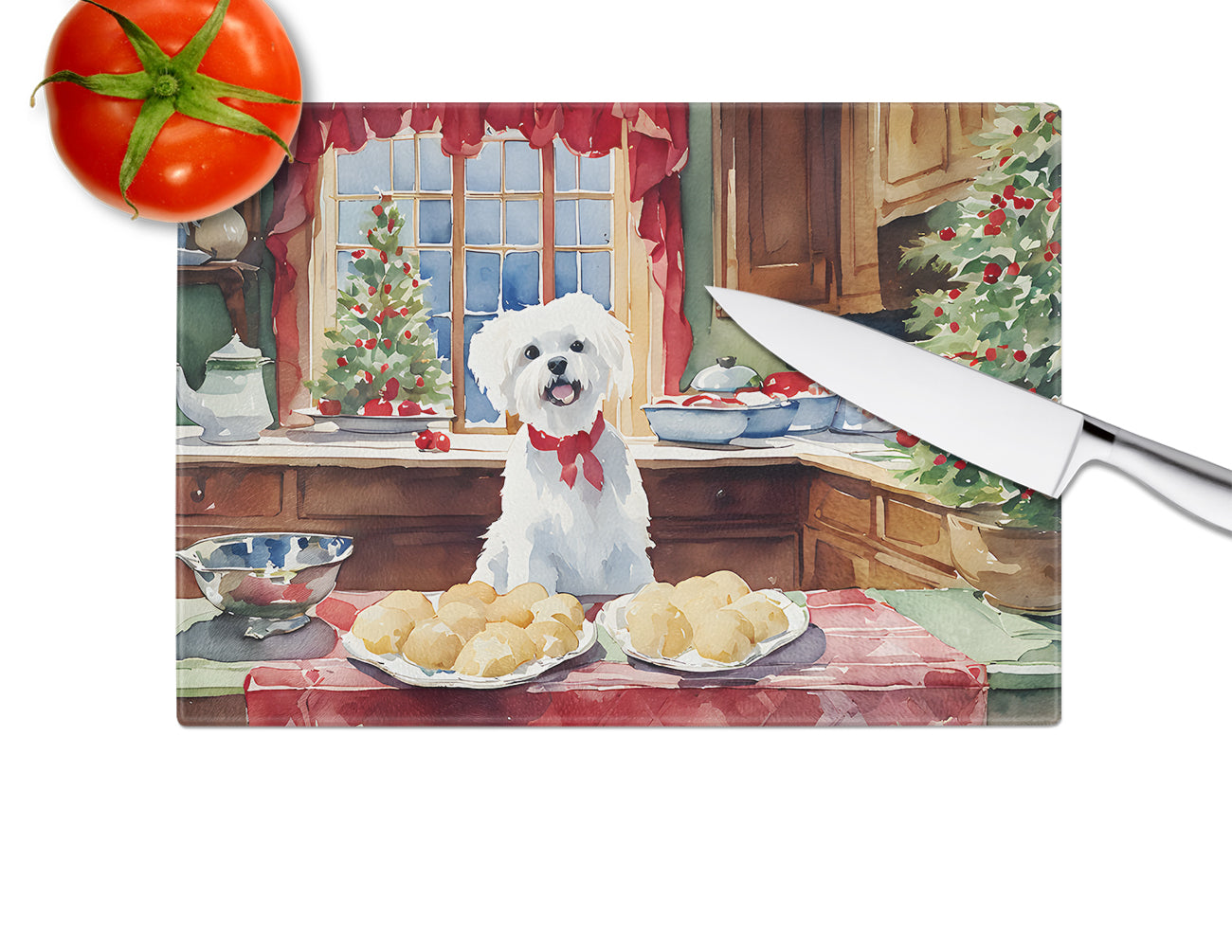 Maltese Christmas Cookies Glass Cutting Board
