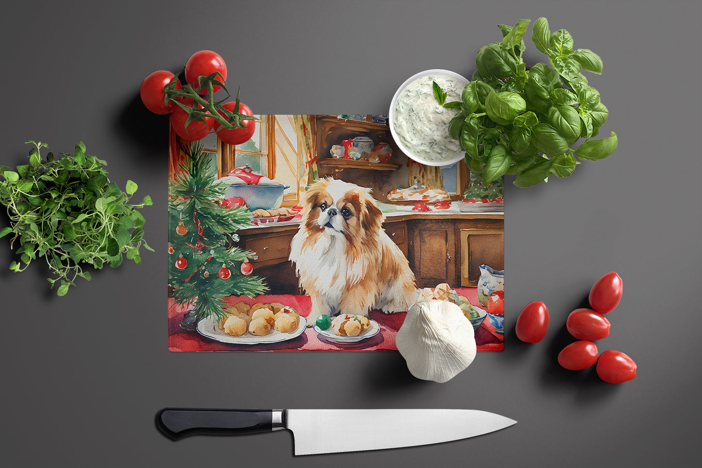 Pekingese Christmas Cookies Glass Cutting Board
