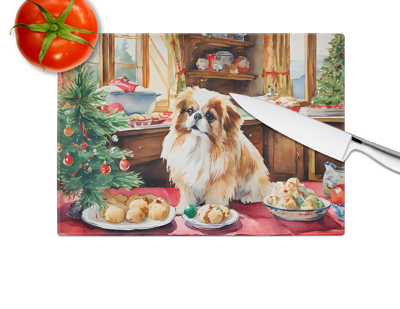 Pekingese Christmas Cookies Glass Cutting Board