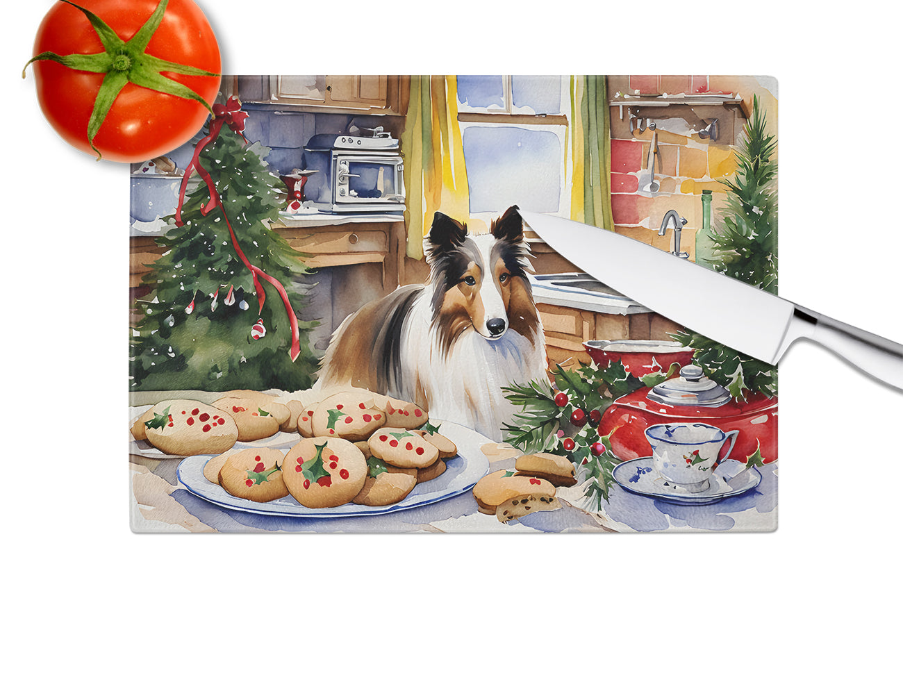 Sheltie Christmas Cookies Glass Cutting Board