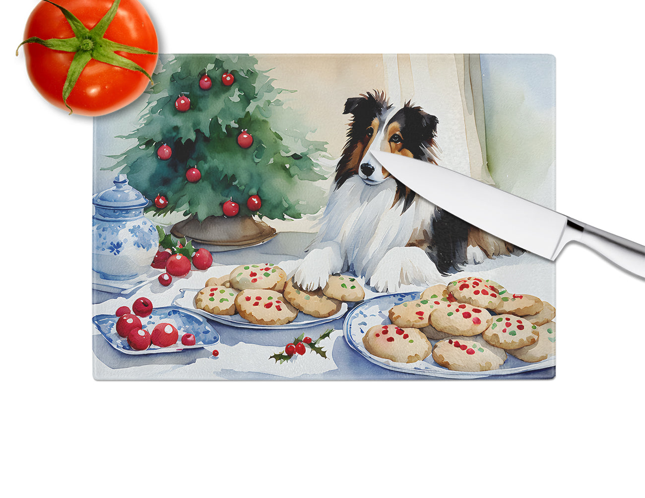 Sheltie Christmas Cookies Glass Cutting Board