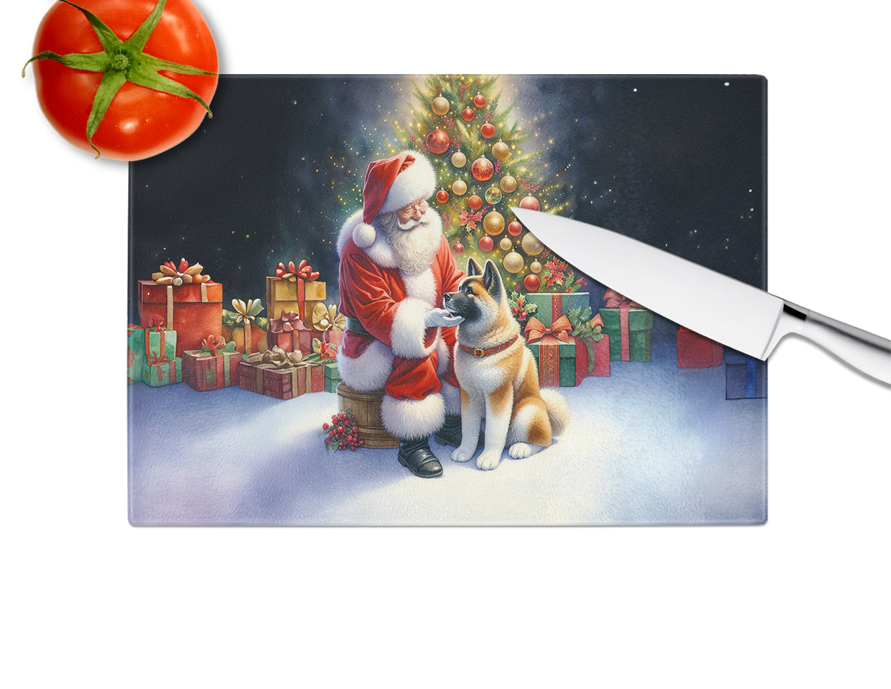 Akita and Santa Claus Glass Cutting Board