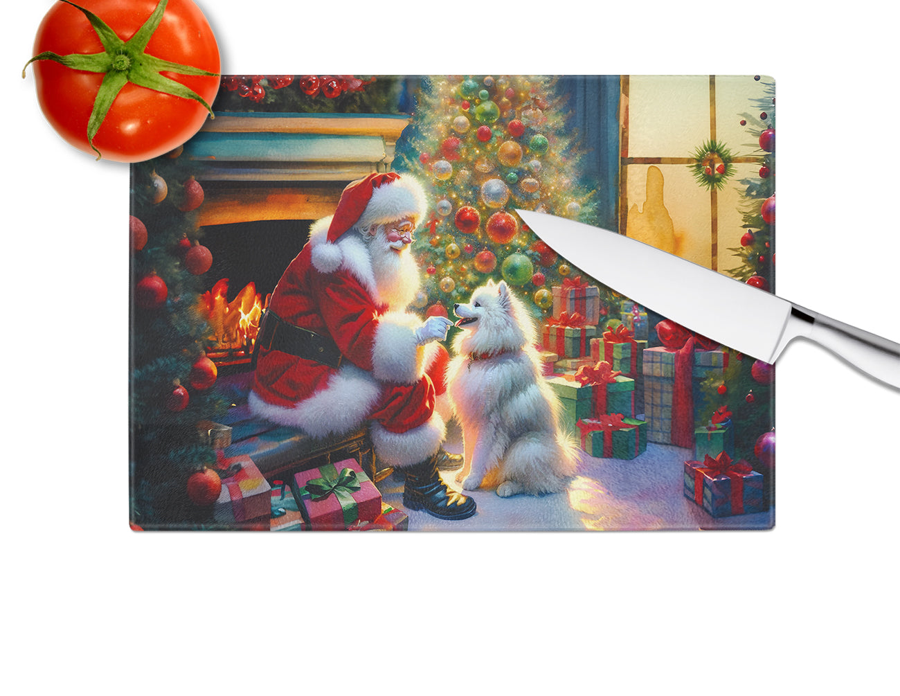 American Eskimo and Santa Claus Glass Cutting Board