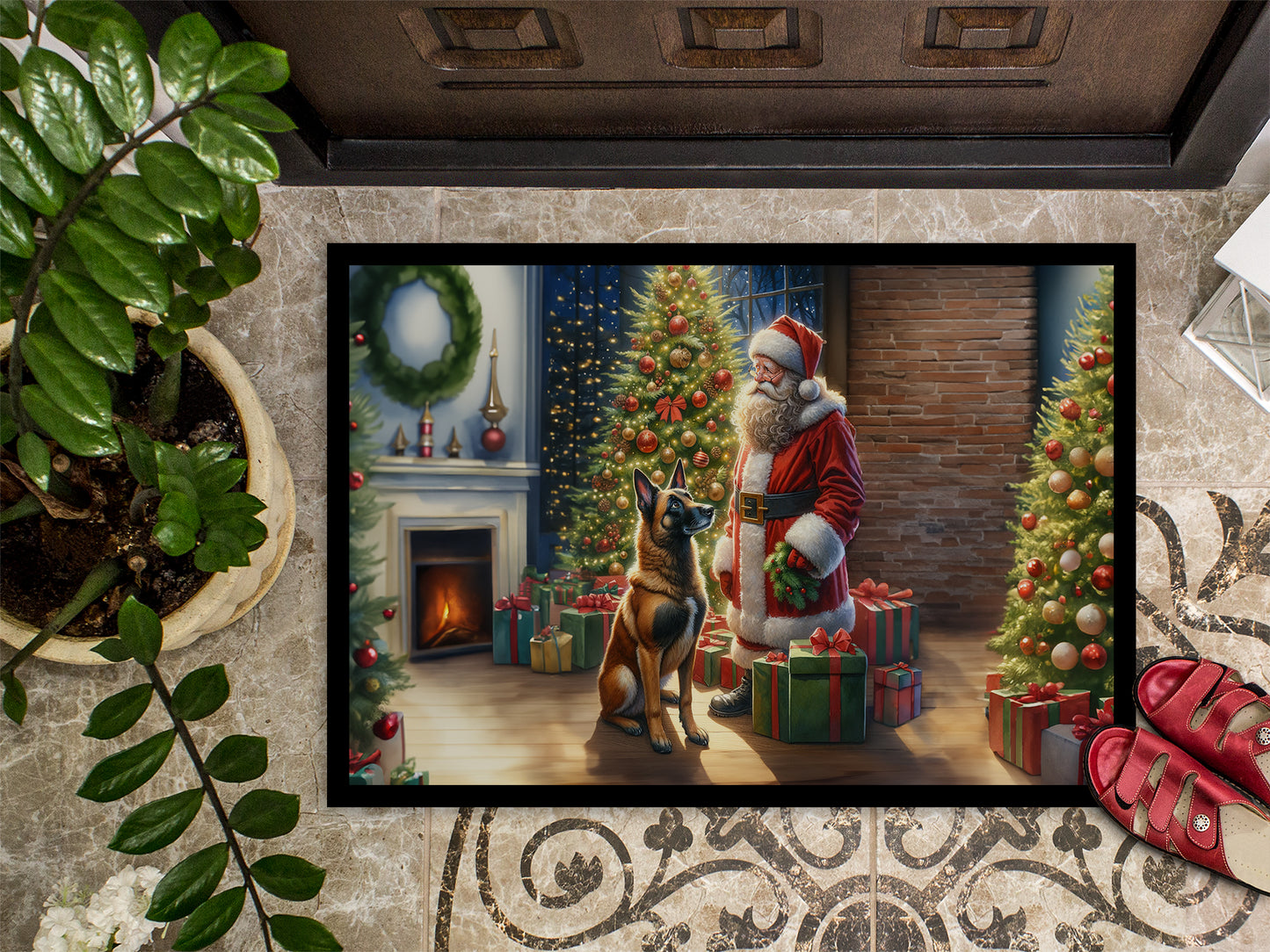 Belgian Malinois and Santa Claus Doormat