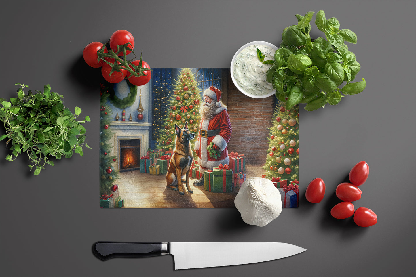 Belgian Malinois and Santa Claus Glass Cutting Board